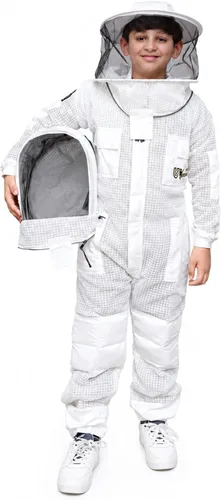 Vista 6 de Kids Bee Suit, 3 Layer Ventilated Beekeeping Suit with Gloves & 2 Veils, Protective Beekeeper Suit for Children Boys Girls (Kid Brown S)