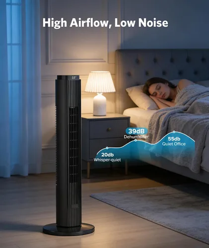 Vista 4 de Ventilador de torre de 36 pulgadas para dormitorio, velocidad de 23 pies/s, ventiladores oscilantes de pie para habitación con 6 velocidades, 4