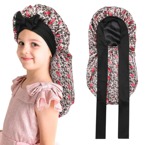 Vista 19 de Gorro de pelo largo para niños para dormir - Gorro de satén elástico de doble capa para niñas con banda de amarre para cabello trenzado y rizado