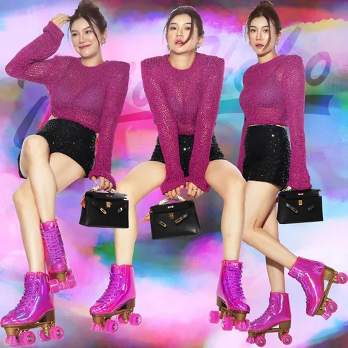 Vista 2 de JajaHoho Patines de ruedas para mujer, piel sintética holográfica magenta de alta calidad, patines de doble fila brillantes con cuatro ruedas rosa