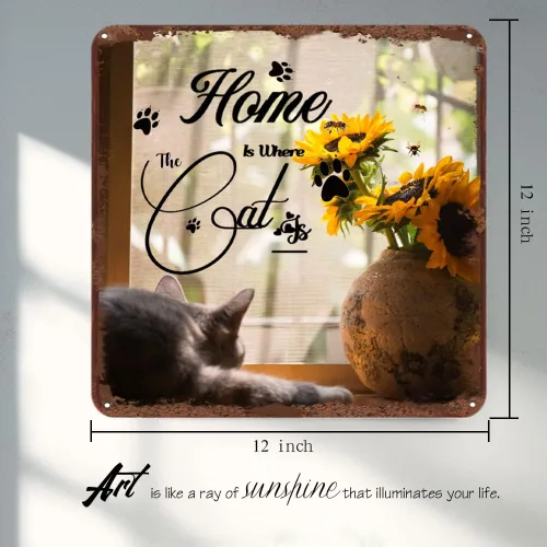 Vista 2 de Home is Where The Cat is Quote - Letrero de metal de estaño para amantes de los gatos, letrero de gatito, arte de pared de animales, placa colgante