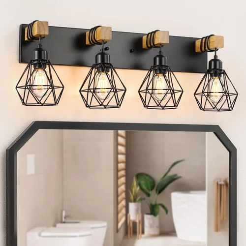 Vista 15 de Lámparas blancas para tocador de baño, luminarias de baño de madera de 2 luces sobre el espejo, apliques rústicos de pared con elegante pantalla