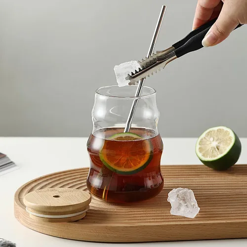 Vista 4 de Paquete de 2 vasos para beber con tapas de bambú y popote de vidrio de 17 onzas con ondas creativas, vasos de vidrio para café helado, refrescos