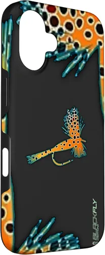 Vista 3 de Funda para iPhone 16 con mosca y pesca con moscas secas de piel de trucha por Black Fly Case