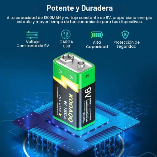 Vista 2 de Paquete de 1 baterías recargables de 9 V, recarga USB-C de 1300 mAh, 9 voltios de iones de litio de larga duración para alarmas, micrófonos