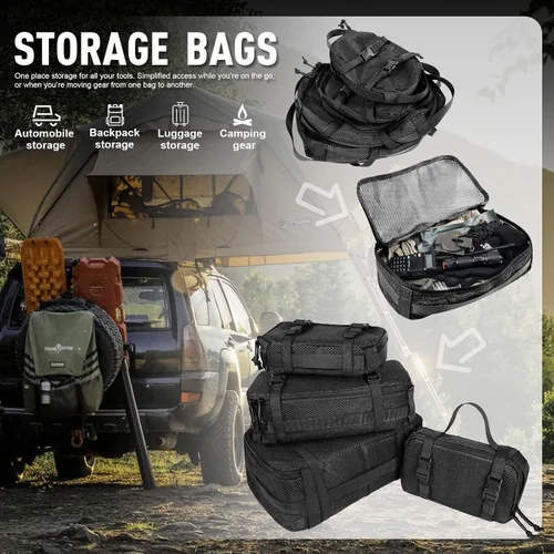 Vista 23 de Juego de 4 cubos de embalaje tácticos, bolsa de almacenamiento de malla compresible, organizador portátil Edc Molle.
