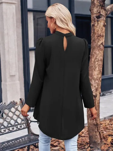 Vista 4 de Blusas casuales de gasa con cuello redondo para mujer, de gasa, de manga larga, holgadas