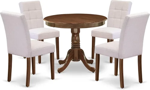 Vista 22 de East West Furniture ANAS3-AWA-08 Juego de mesa de comedor de cocina de 3 piezas contiene una mesa moderna y 2 sillas de comedor tapizadas de tela