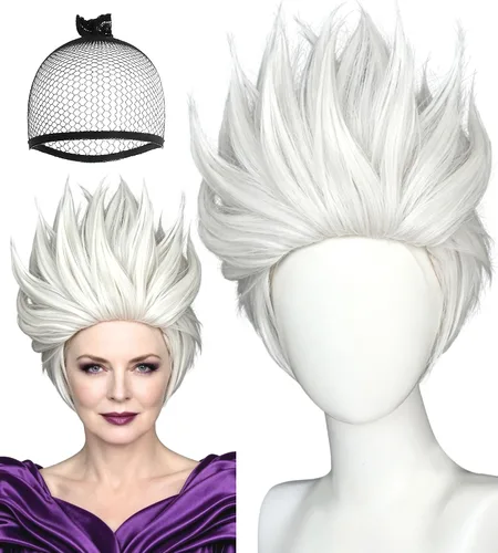 Vista 8 de ANOGOL - Peluca de cosplay de anime azul para hombre, peluca corta azul claro, pelo corto con puntas