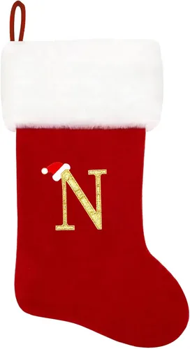 Vista 206 de Calcetines de Navidad bordados de 20 pulgadas con monograma, terciopelo negro con puño de felpa blanca supersuave, adornos clásicos para decoración