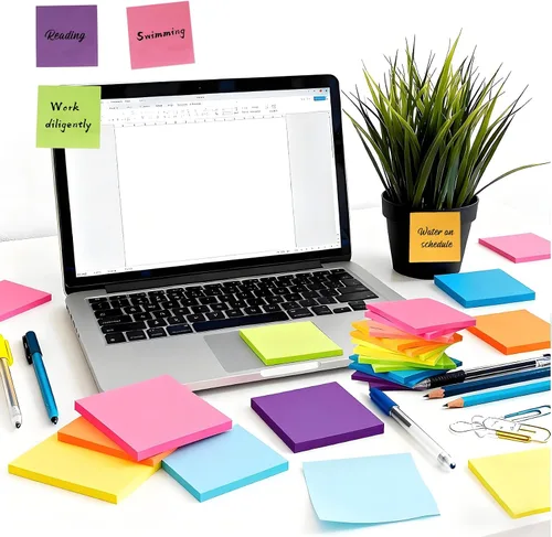 Vista 5 de Notas adhesivas – Pequeñas notas adhesivas de 3 x 3 pulgadas, suministros de decoración de oficina, mini bloc de notas autoadhesivas, pestañas