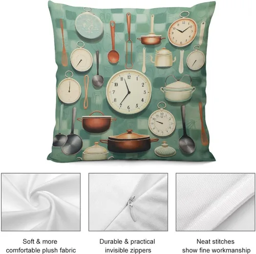 Vista 6 de Pots and Pans, Kitchen Clock and Cooking Art Velvet Square Decorative Throw Pillow Covers 12 "x12 Throw Pillow Covers for Outdoor Home Decor