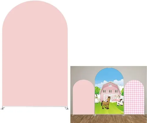 Vista 9 de Telón de fondo de arco Chiara, fundas elásticas de tela de elastano para puerta de granja para cumpleaños, baby shower, decoración de fiesta