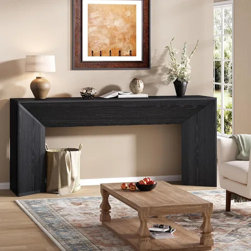 Vista 6 de knoworld Mesa consola de 70.9 pulgadas de largo, mesa de entrada de granja con base triangular resistente, mesa de sofá estrecha de madera detrás