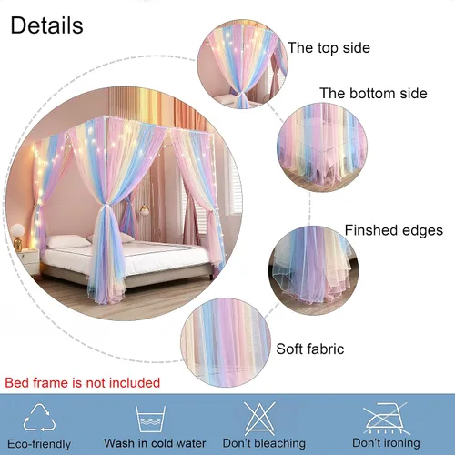 Vista 3 de Akiky Cortinas de Cama con Dosel con Luces de 4 Postes Esquineros para Adultos y Niñas, Cortinas de Cama con Red de Arcoíris - 8 Paneles