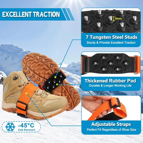 Vista 3 de Tacos de hielo de suela media para zapatos y botas, crampón antideslizante con 7 tacos de tungsteno, correas ajustables para un agarre seguro