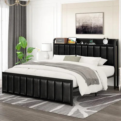 Vista 6 de VECELO Queen Bed Frame, Storage Upholstered Headboard with Charging Station, Platform Bedframe, Heavy Duty Metal Slats, No Box Spring Needed