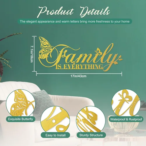 Vista 2 de Oppro Letreros Familiares Dorados de Metal Arte de Pared para Hogar, Letrero Moderno de Hierro Forjado con las Palabras "La Familia lo es Todo