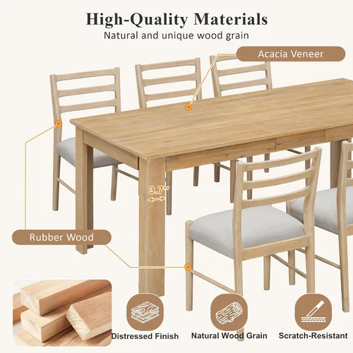 Vista 129 de Juego de mesa de comedor vintage de 6 piezas, juego de mesa de comedor de cocina de madera maciza con 4 sillas ergonómicas acolchadas y banco, mesa