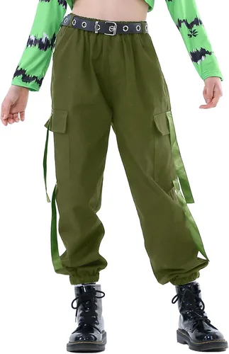 Vista 19 de Rolanko - Pantalones cargo para niñas, ropa callejera holgada, de hip hop, para bailar, de algodón, jogger para niños de 4 a 15 años Verde militar