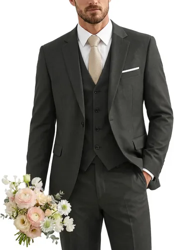 Vista 27 de Traje de 3 piezas para hombre con corbata, chaleco sólido de un botón y beige (529-beige)