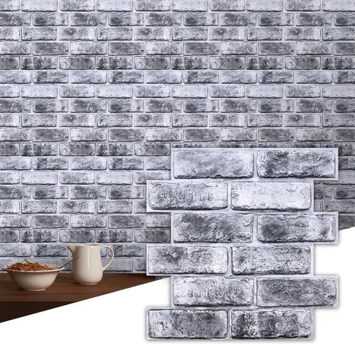 Vista 16 de Commomy Paneles de pared autoadhesivos de ladrillos falsos - 10 piezas de 30 cm x 30 cm de tamaño pequeño, diseño de PVC gris con manchas, papel