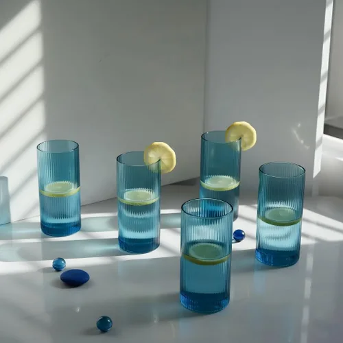 Vista 5 de Physkoa Juego de 6 vasos de bebida acanalados azules – Cristalería con relieve vintage, vasos gruesos y duraderos para agua, jugo, cócteles, café
