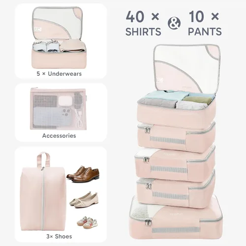 Vista 4 de Juego de 10 cubos de embalaje duraderos para viajes, regalos para mujeres, mamá, hombres en Navidad, organizadores de equipaje y maleta con bolsa