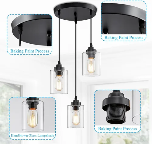 Vista 5 de SKEJAO - Lámpara colgante de 3 luces para isla de cocina Negro mate