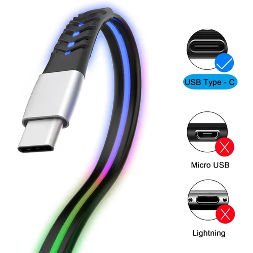 Vista 6 de Cable de carga LED USB C, cable de carga rápida tipo C de 6 pies con iluminación 3A con sincronización de datos, compatible con Samsung, Moto, LG