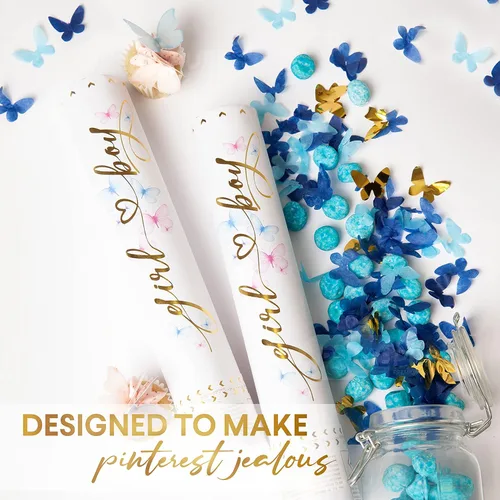 Vista 8 de PrimePure Cañón de confeti de revelación de género, papel azul mariposa, paquete de 2