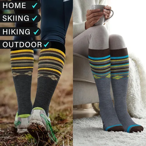 Vista 6 de Calcetines de esquí de lana merina, térmicos, hasta la rodilla, para invierno, snowboard, deportes para hombres y mujeres