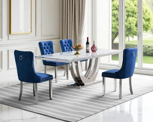 Vista 36 de SSLine Juego de mesa de comedor de mármol sintético blanco de 68 pulgadas
