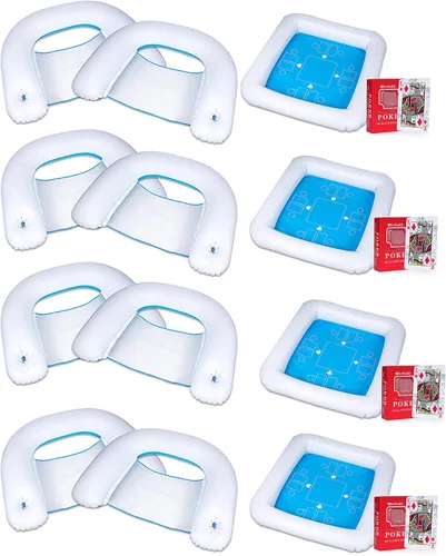 Vista 12 de ZONETECH Mesa de juego inflable y sillas con cartas de juego impermeables, mesa flotante para piscina para adultos, familia, fiesta, juego