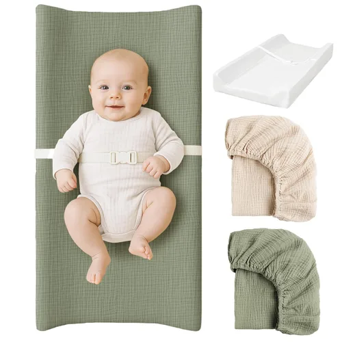 Vista 10 de Konssy Cambiador de muselina con espuma de forro impermeable, incluye 2 unidades de funda suave y de algodón, cambiador de pañales para bebé