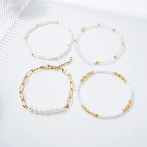 Vista 3 de Delicado juego de pulseras de cuentas de cristal de perlas de oro para mujer, chapado en oro real de 14 quilates, cuentas de cristal de perlas