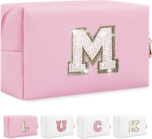 Vista 28 de Bolsa de maquillaje con parche de letra inicial personalizada, bolsa de cosméticos de chenilla preppy con letra de chenilla con cremallera, Y