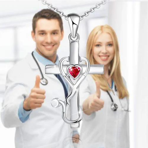 Vista 2 de Collar con colgante de estetoscopio con temática de medicina de plata de ley 925 para doctor o enfermera, regalo para graduación, estudiantes