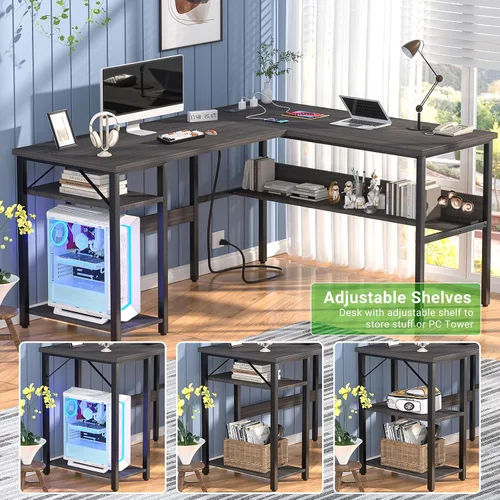 Vista 6 de Unikito - Escritorio reversible en forma de L con tomas de corriente mágicas y puertos de carga USB, escritorio de esquina robusto para computadora