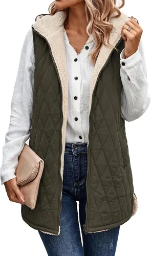 Vista 16 de ECOWISH Chaleco largo acolchado para mujer: chaqueta de forro polar reversible con cremallera para otoño 2025, abrigo de invierno cálido sin mangas