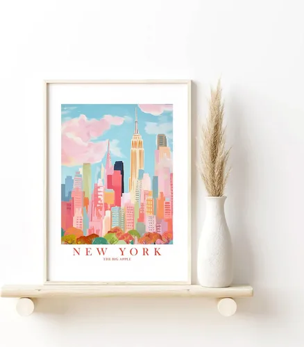 Vista 8 de ColorAndFlair Póster retro de viaje de Nueva York con diseño de horizonte rojo, rosa y naranja, póster retro de recuerdo de la gran manzana, pintura