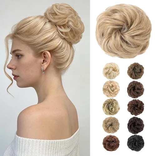 Vista 46 de MORICA Moño desordenado, extensiones de moño sintético para mujeres (rubio beige ceniza)