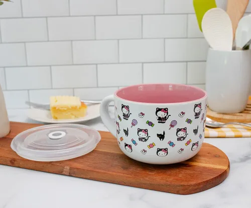 Vista 6 de Silver Buffalo Sanrio Hello Kitty Gato Negro - Taza de sopa de cerámica con tapa ventilada para helado, cereal, bebidas Capacidad de 710 cc
