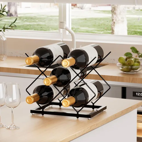 Vista 2 de Urban Deco Estante pequeño para 5 botellas, moderno almacenamiento de vino de alambre de metal para encimera, mesa, café, bar, cocina, color negro