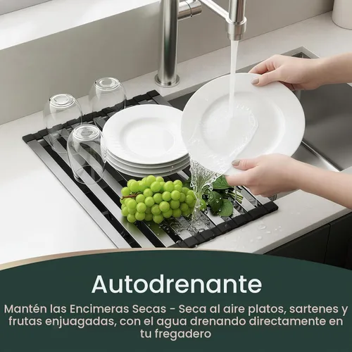 Vista 4 de Meowoo Escurridor de platos rectangular, 15.7 x 13 pulgadas, escurridor de platos enrollable sobre el fregadero, base de silicona antideslizante