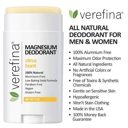 Vista 2 de Verefina Desodorante sin aluminio para hombres y mujeres, totalmente natural, hipoalergénico, sin parabenos, no tóxico, libre de crueldad, vegano