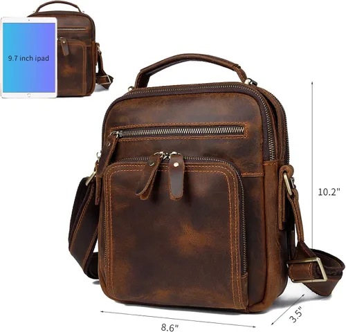 Vista 2 de YOGCI Bandolera de cuero para hombres Vintage Crossbody Bolso de hombro Fit Celular Monederos Billetera iPad con cremalleras YKK Marrón Oscuro