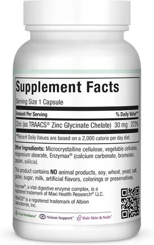 Vista 4 de Suplementos de zinc – Zinc 30 mg con Enzymax – Apoyo inmunológico de mayor potencia – Cápsulas de glicinato de zinc quelado – Vitamina de zinc