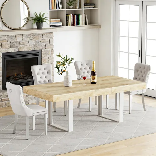 Vista 32 de Juego de mesa de comedor extensible de 5 piezas para 4, mesa de cocina de madera marrón de 63-78.7 pulgadas con 4 sillas acolchadas beige, juego