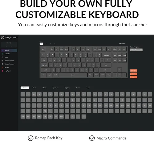 Vista 25 de Keychron Q3 QMK/VIA Teclado mecánico personalizado con cable, diseño sin llave de aluminio completo, macro programable con interruptor marrón